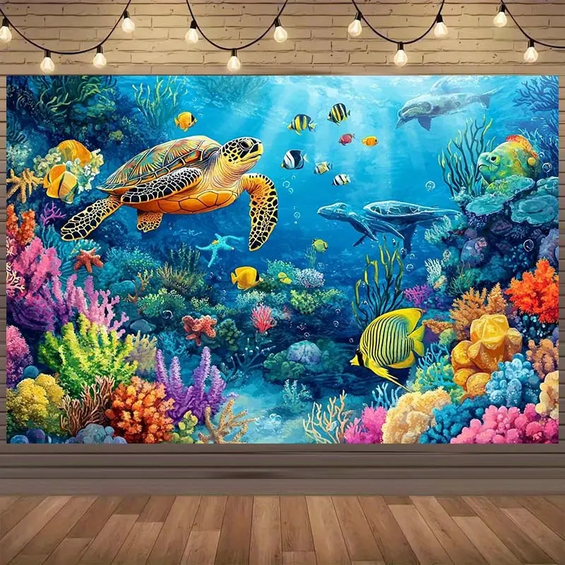 2D planar background - 1 piece, vibrant underwater background featuring colorful corals and marine life - suitable for coastal-themed spaces, aquarium displays, Aquarium Decor