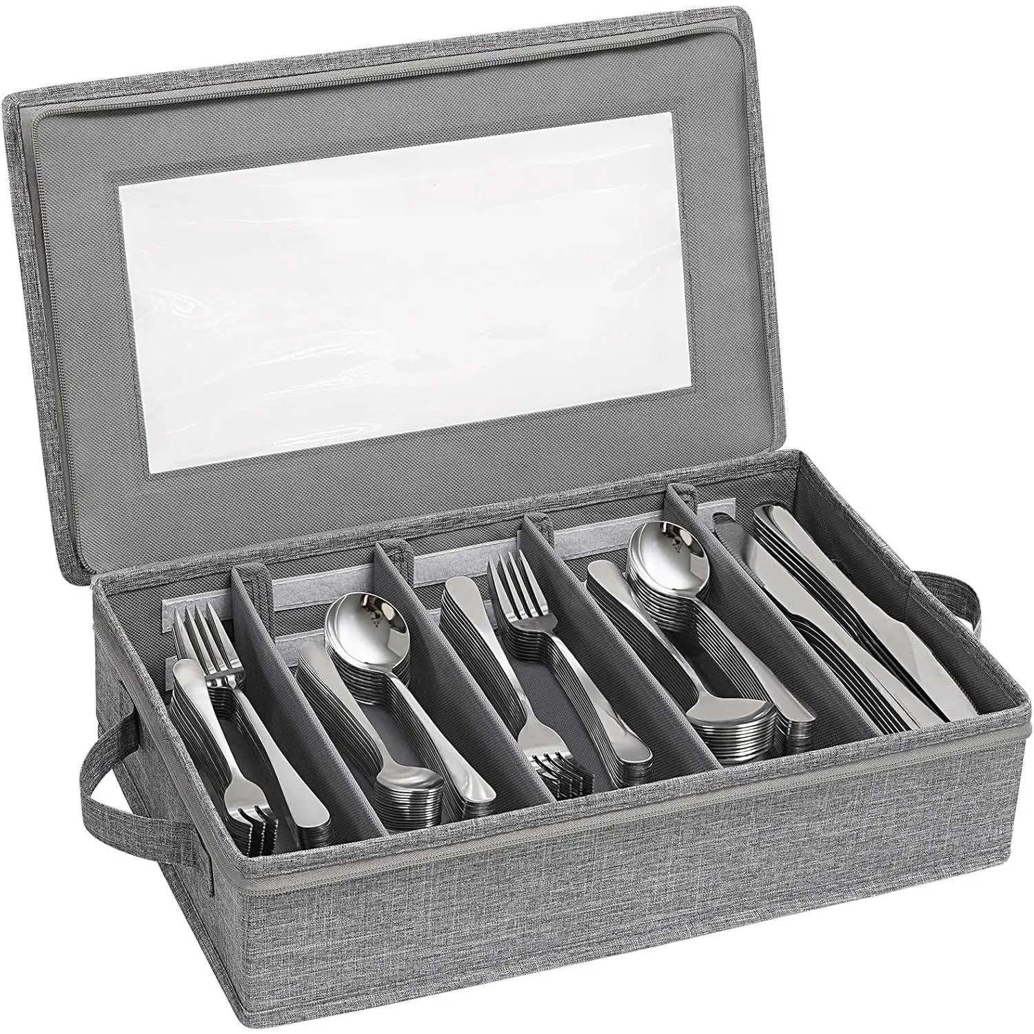 Silverware Storage Box, Covered Flatware Organizer with Zipper Lid, 5 Compartment Cutlery Case with Adjustable Divider and Handle, Utensil Container for Spoon Fork Knives, 1 Pack