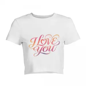 Women's Gradient Cursive "I Love You" Heart Print Fabric Crop Top, Crew Neck Short-Sleeve Basic T-Shirt for Girls