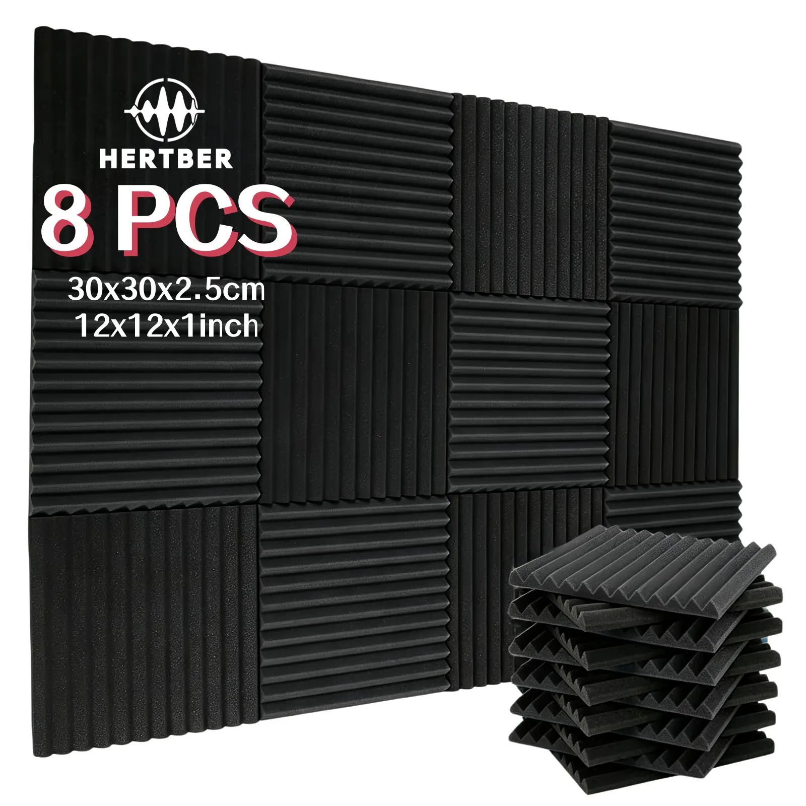 8pcs black soundproof wallboard Foam Wall Panels 30x30x2.5cm high density acoustic foam, suitable for dubbing studio, podcast recording room, vocal music room, guitar practice room, and home video room to reduce noise, easy to cut