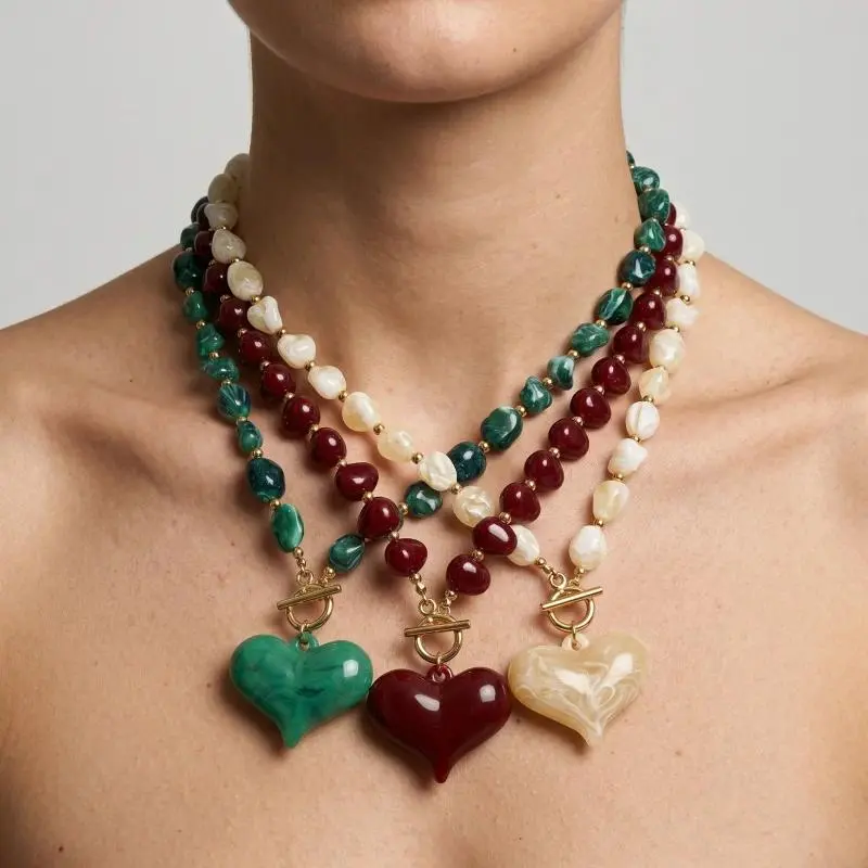 Boho Green/Red/Cream Apricot Color Resin Beaded Necklace Chunky  Heart Pendant Toggle Clasp Chic Statement Jewelry For Women men Bubble Initial gift birthstones paper clip herringbone opalite day summerwins collars Gold-Plated Jesus Crucifix affordable, B