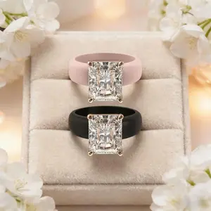 Women's Silicone Ring with Large Rectangle CZ Stone, Rose Gold Prong Setting, Comfortable Sport Wedding Band, Anti-allergy Jewel