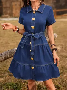 Women's Tie-Back Layered Denim Shirt Dress, Collared Short Sleeve Single Button A-Line Denim Dress, Summer Casual Midi Dress