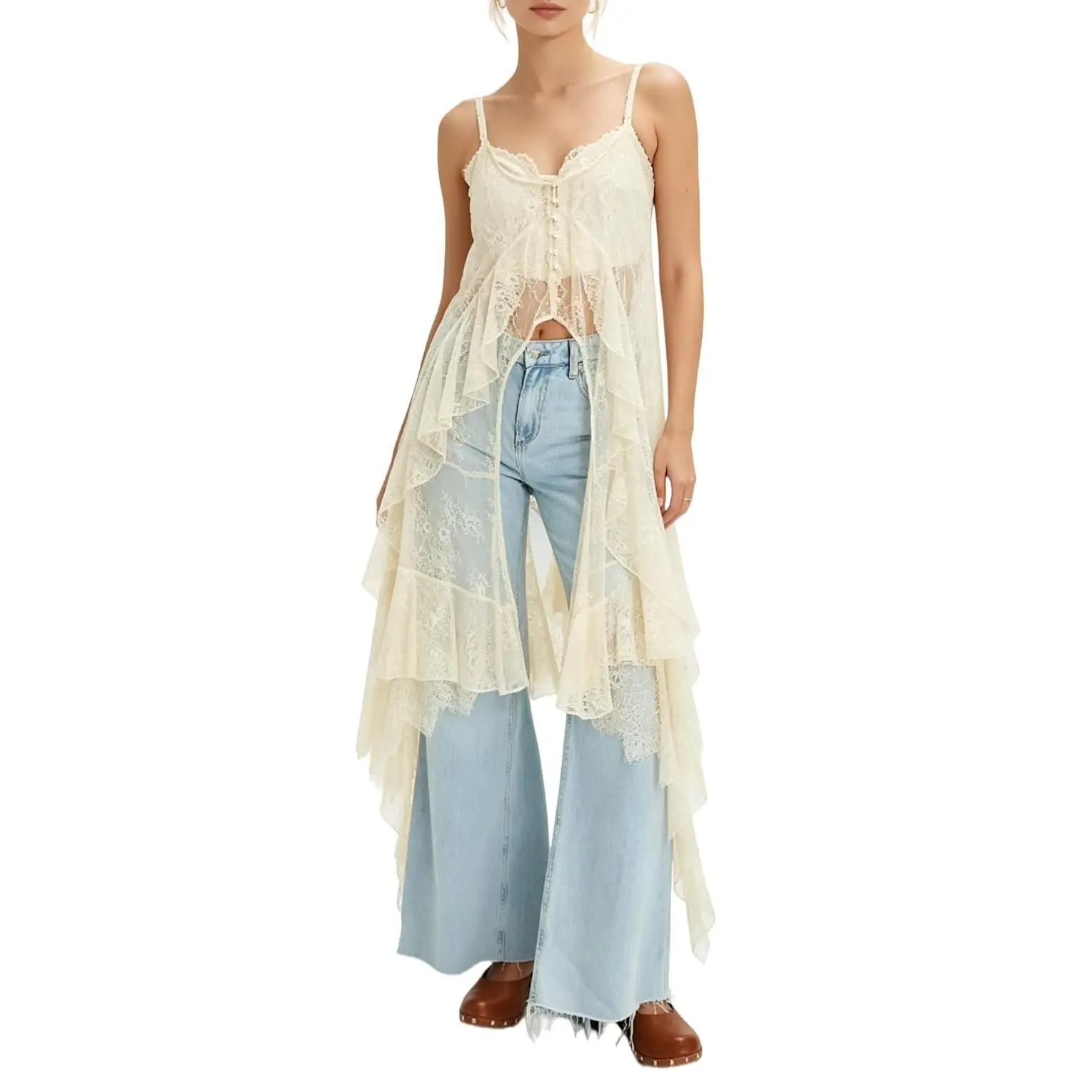 Women's Coquette Floral Print Lace Tank Top - Sheer Sleeveless Tie-Front Layering Cami with Asymmetrical Pleated Hem, Festival Bathing Suit Cover Ups, Beach Swimsuit Coverup, Camisole