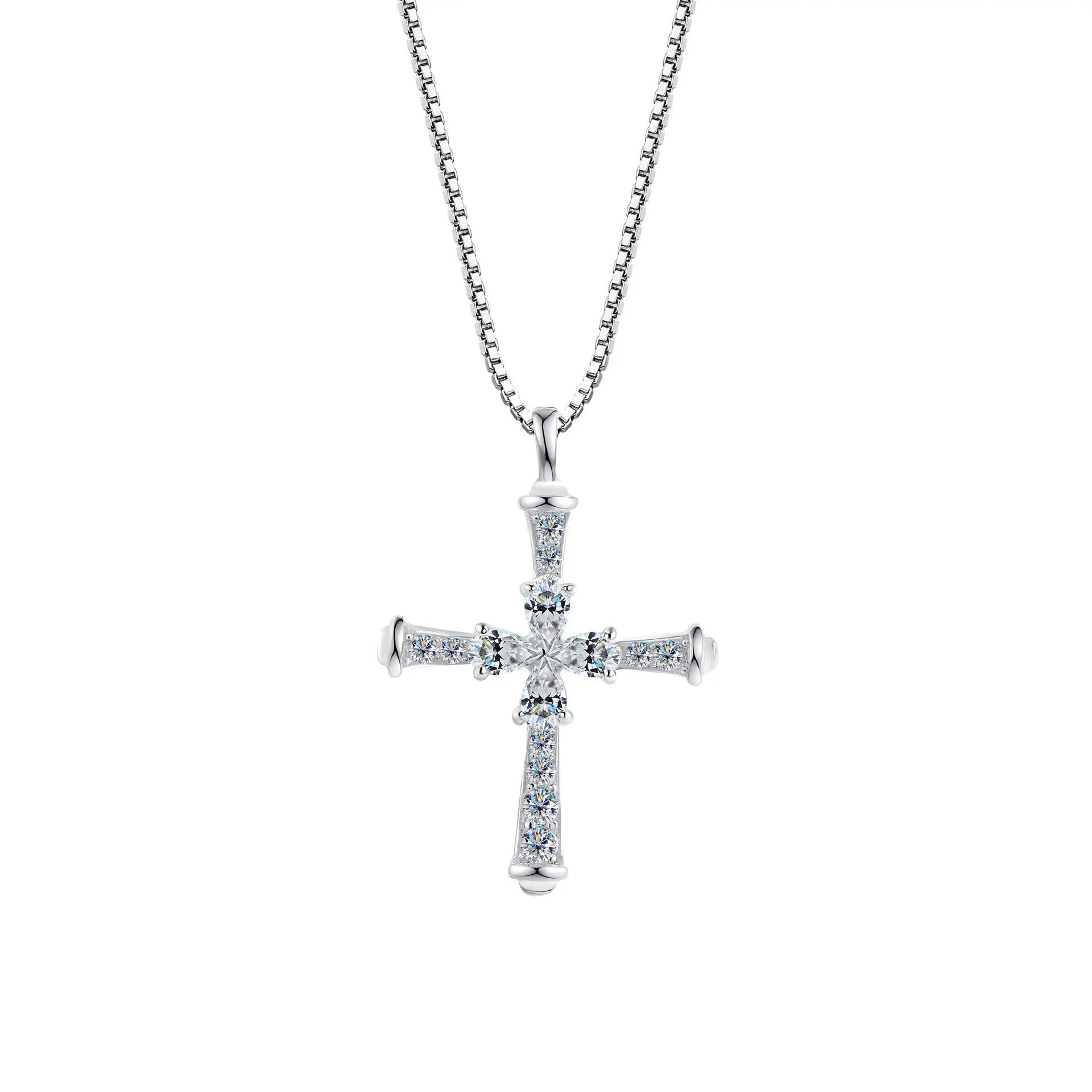 Hand-Set Dazzling Moissanite Cross Necklace for Men, Iced Out Pendant with Box Chain, Hip Hop Jewelry Gift