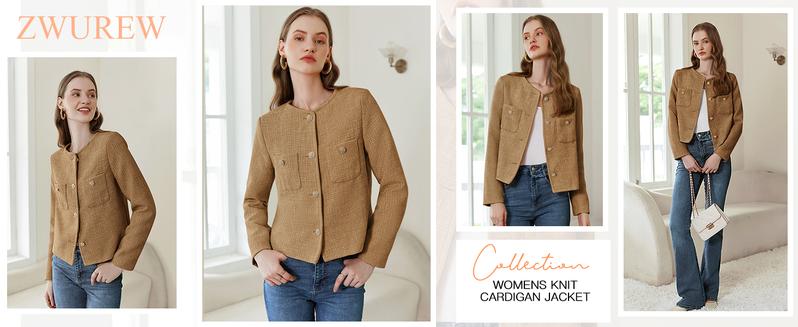 Women's Tweed Blazers Long Sleeve Business Button Down Casual Cropped Blazer Jackets with Pockets