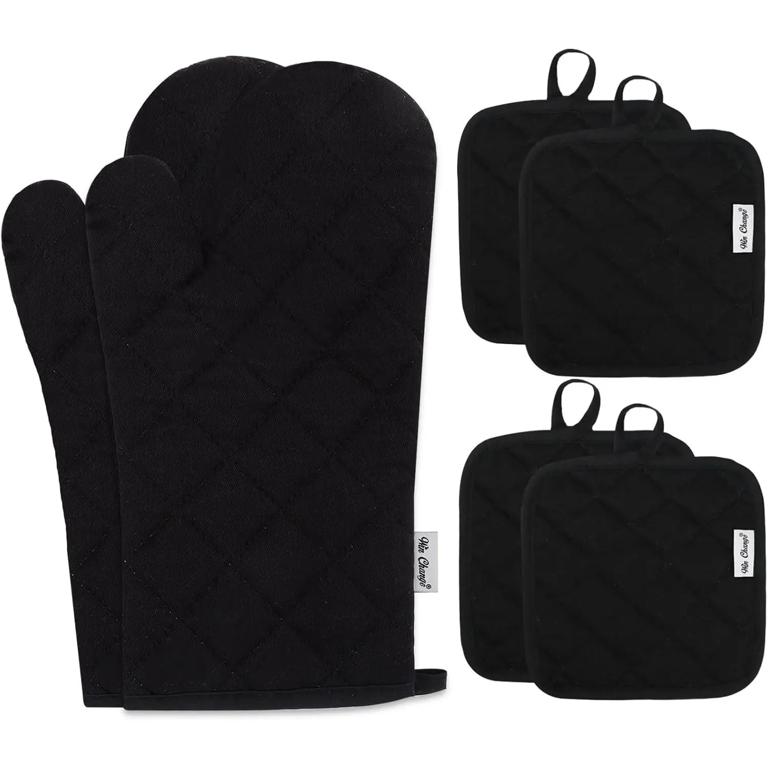 Oven Mitts and Pot Holders Sets,6 Pcs Oven Mitts and Potholders with Recycled Cotton High Heat Resistant Extra Thick Long Oven Mitts for Cooking(Black)