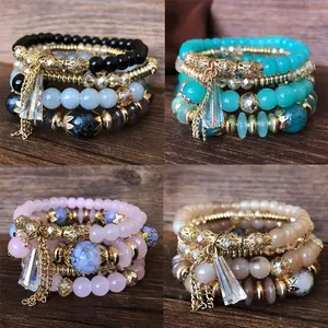 Boho Y2K 4-Pack Beaded Bracelet Set for Women, Stackable Crystal Multi-Layer Charm Bracelets, Handmade Aesthetic Jewelry, Lightweight Adjustable Fashion Wristbands for Beach Festival & Summer Outfit