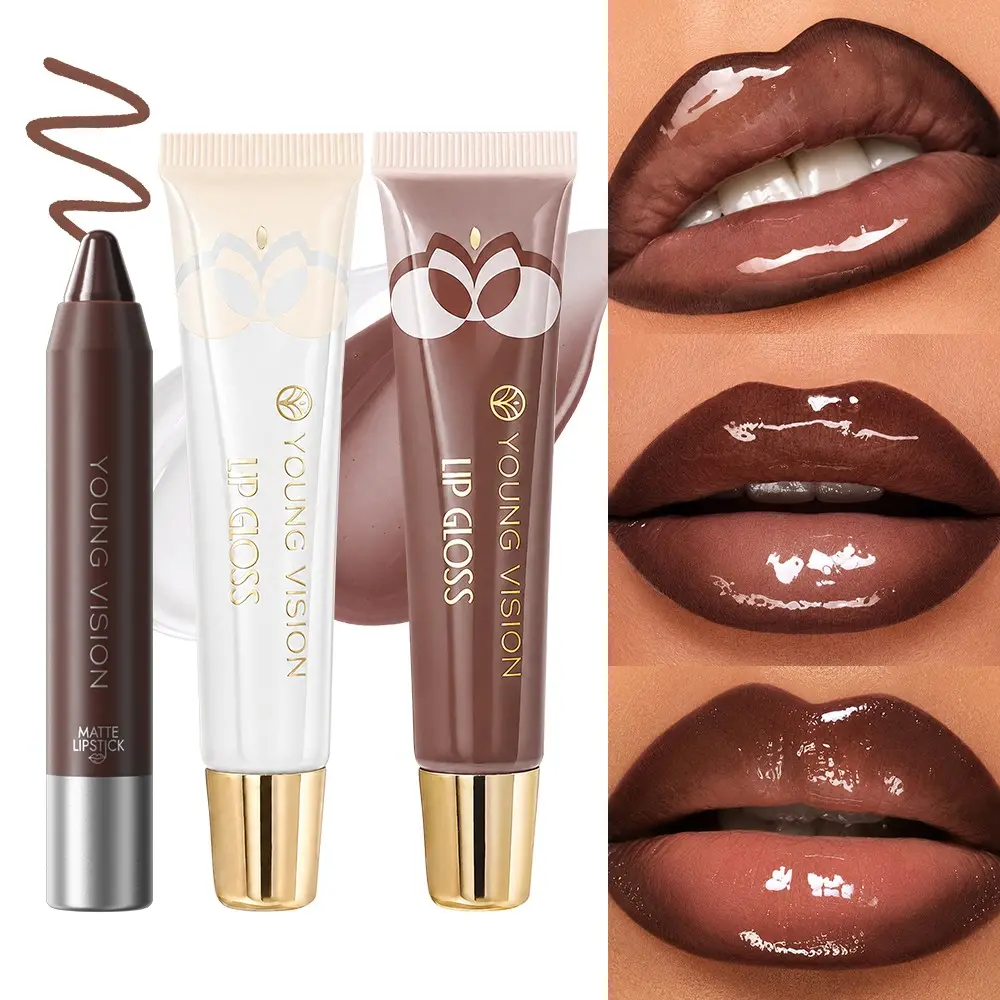 YOUNG VISION Lipstick Pen Set, Matte Liquid Foundation, Transparent or Chocolate Color, Layered Rich Lips Makeup