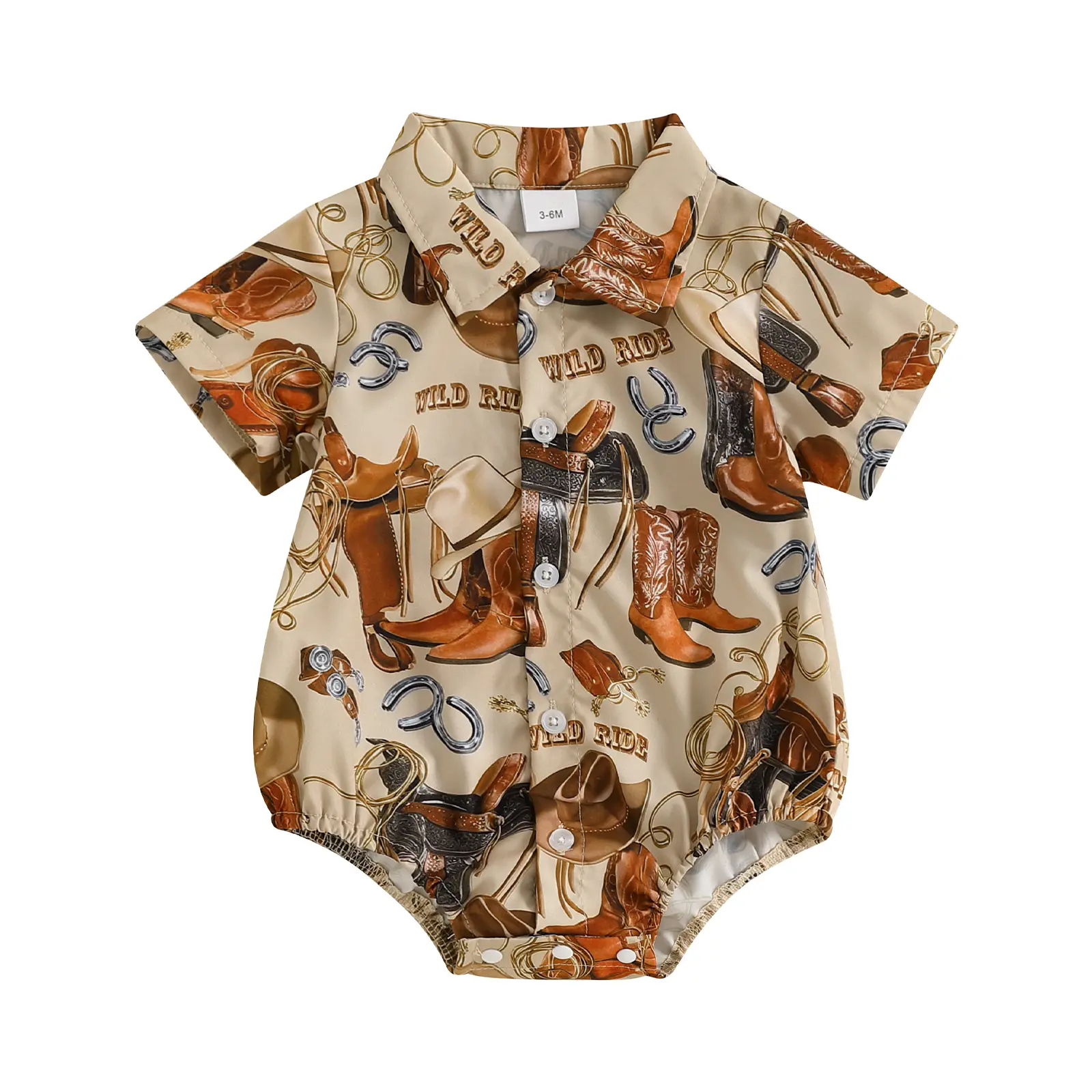 Western Baby Boy Clothes Horse Print Shirt Romper Short Sleeve Button Down Bodysuit Infant Gentleman Summer Outfit