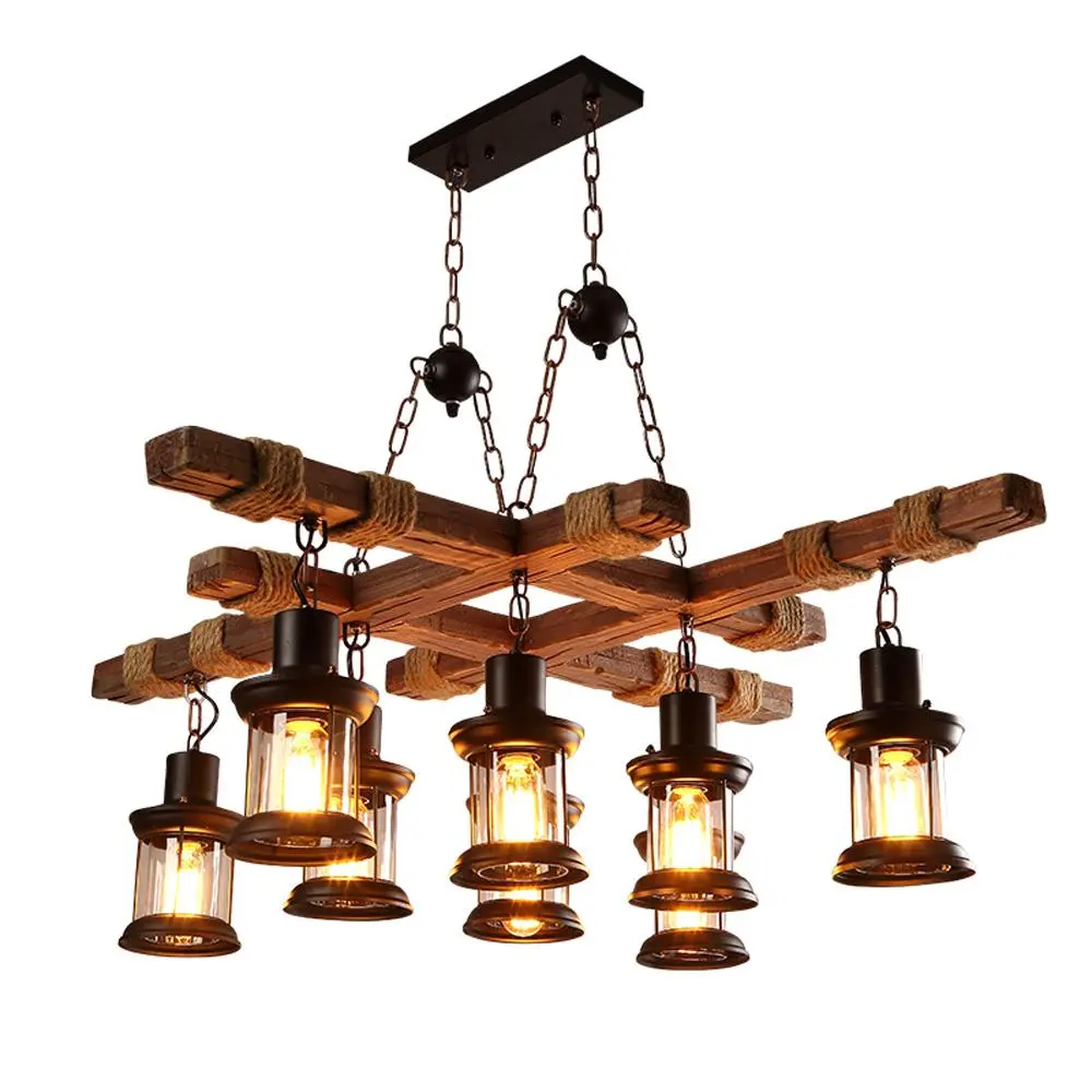8-Light Farmhouse Pendant Chandelier, Rustic Country Wood Hanging Island Lighting Fixture Pendant Retro Industrial for Kitchen Dining Room Bar Restaurant Cafe Loft