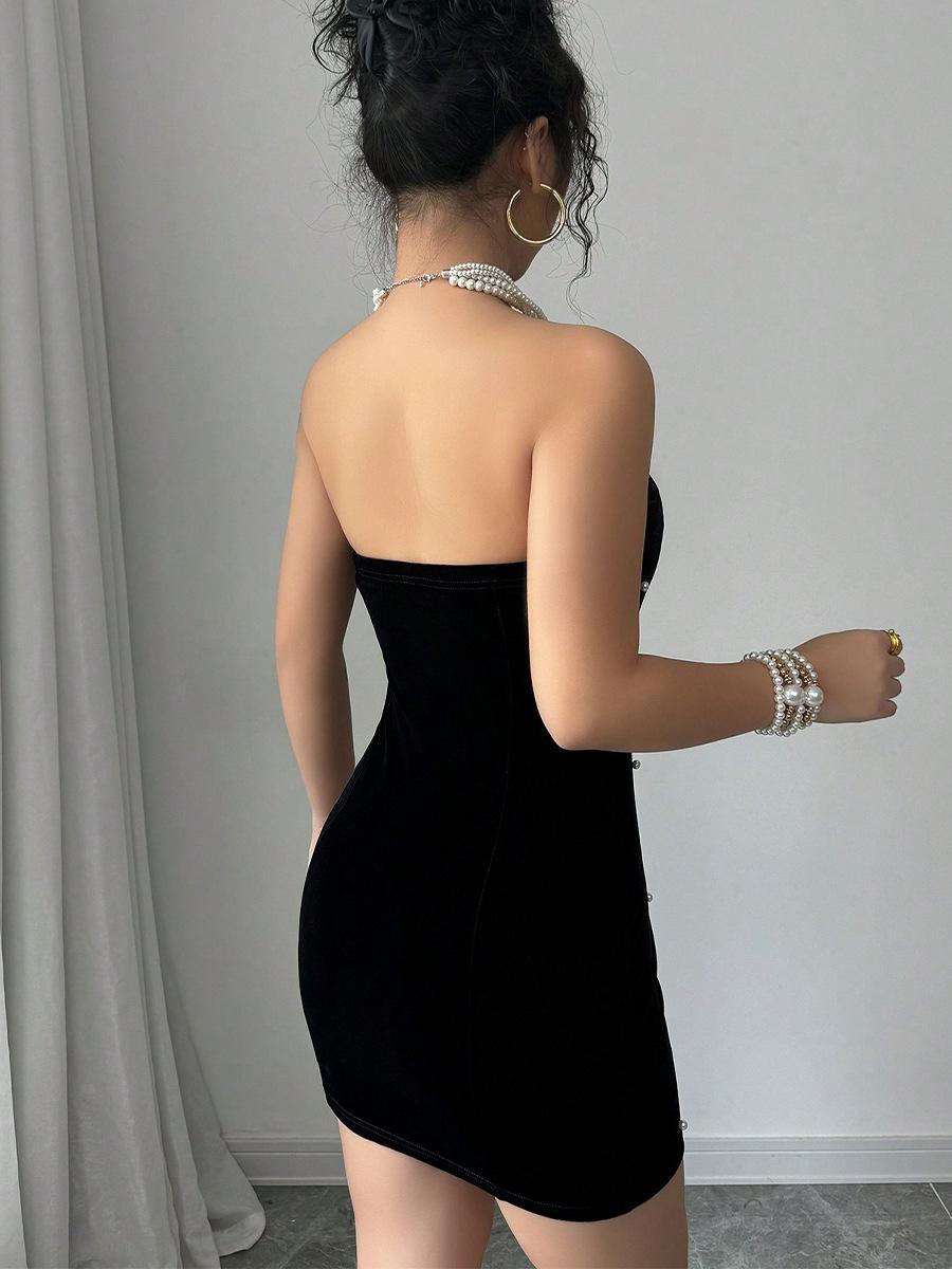 GGFL Women's Sexy Black Velvet Tube Dress, Pearl Decor Bodycon Mini Dress for Evening Party, Date Night.Vintage Black Velvet Pearl Mini Dress, Strapless Bodycon Formal Dress for Prom, Club Night