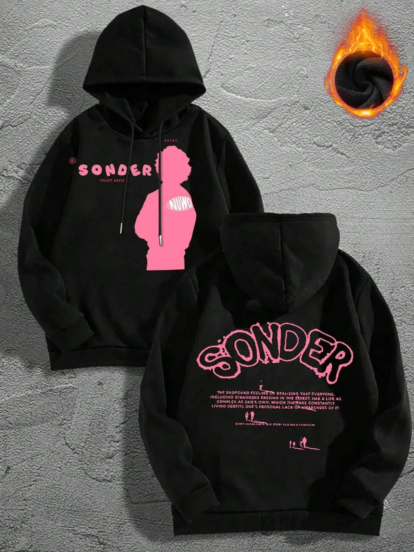 Men's Y2K Streetwear Hoodie, Sonder Portrait Print, Thick Warm Fleece Lining, Loose Fit, Kangaroo Pocket, Fall Winter Casual Wear