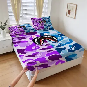 3-Piece Set Of Contrasting Splicing Camouflage Shark Beak Pattern Bed Sheet, Including 1 Bed Sheet And 2 Pillowcases, Soft And Comfortable Bedding, Anti Slip Dust Cover, Suitable For Bedrooms And Guest Rooms
