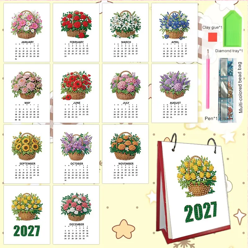 2027 Floral Basket Diamond Painting Calendar, Mini Desktop Calendar, Creative Handmade Office Desk Calendar, Holiday Decoration Gift