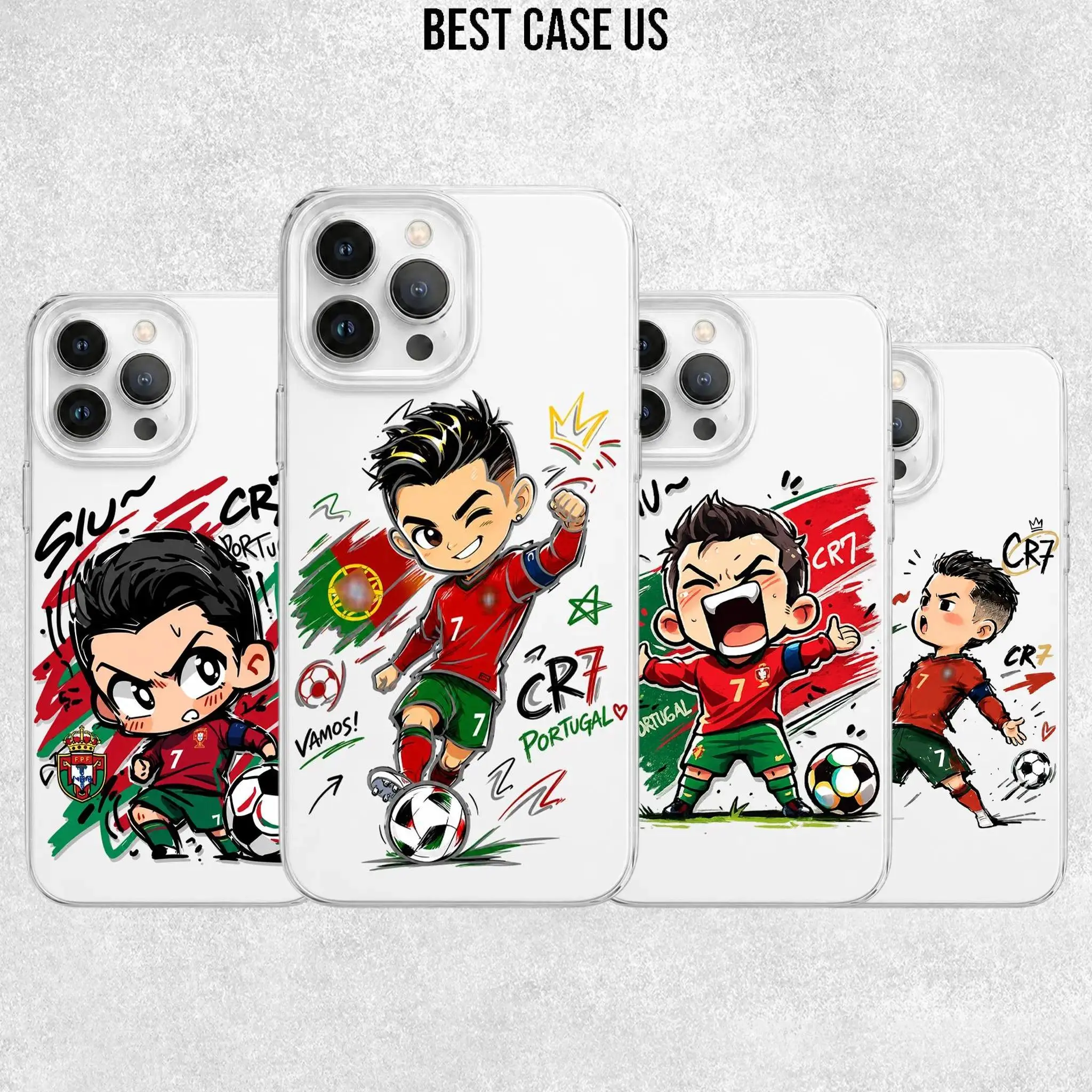 SU!4 Styles Cute Cartoon Chibi Siu CR7 Ronaldo Clear Phone Case - Portugal Football Star Graphic Cover for iPhone 17 Air 16 15 14 13 12 11 Pro Max Plus and Samsung S26 S25 S24 S23 S22 Plus Ultra, Trendy Soccer Fan Gift