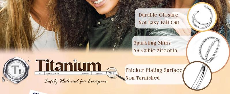 MILACOLATO G23 Titanium Nose Rings Hoops 16G 18G 20G Double Hoop Septum Click Nose Rings Lip Rook Lobe Tragus Helix Cartilage Daith Conch Earrings Clear CZ Paved Nose Piercing Jewelry for Women Men