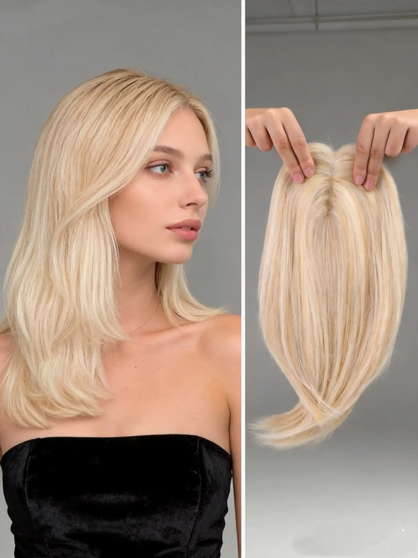 ⏰Morning hairstyle lifesaver! Balayage Blonde Hair Topper with Bangs, durable Kanekalon fiber. Simple clip-in structure, creates natural layers & volume, ideal for ladies with thin crown hair🌷