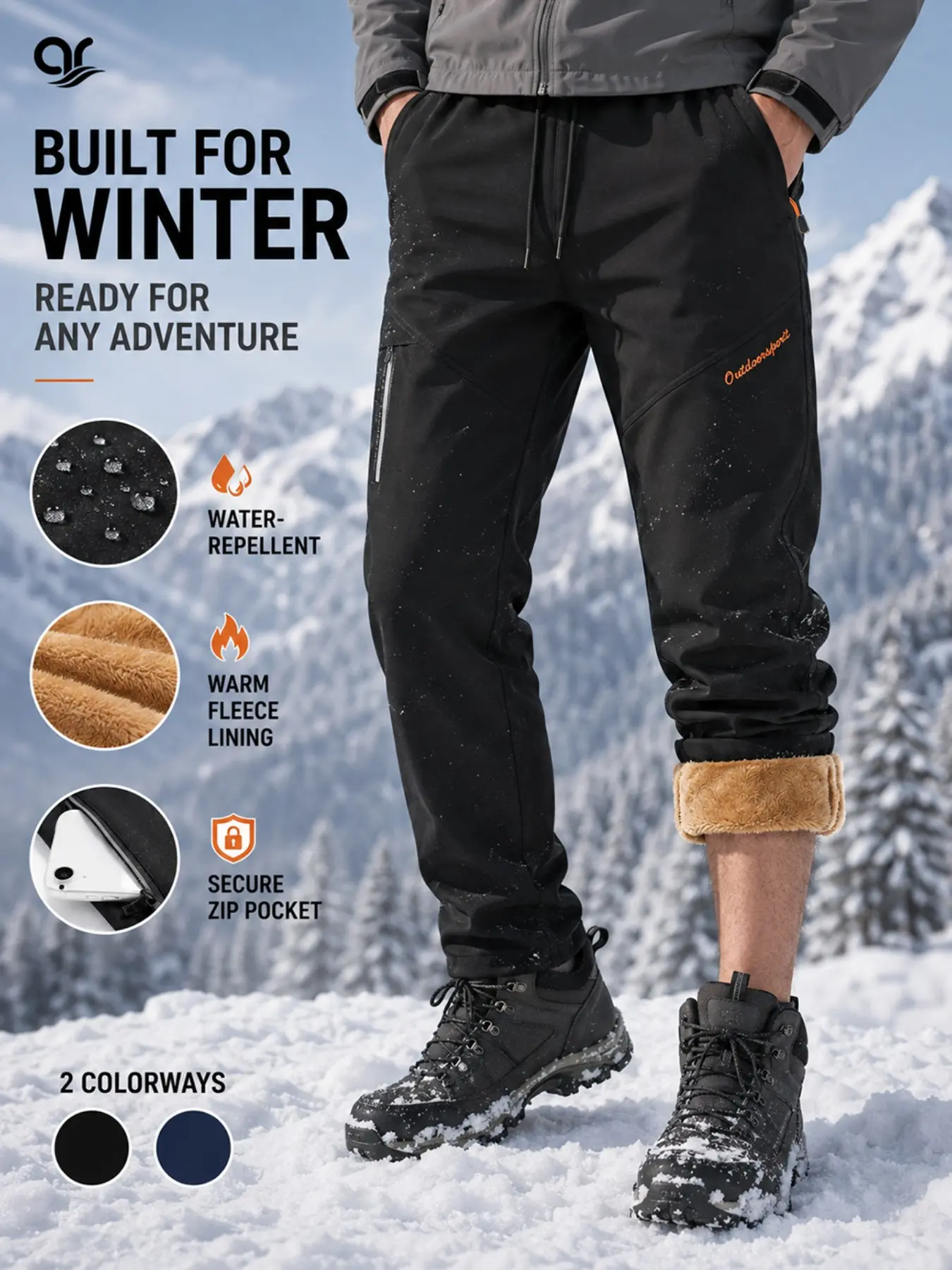 AR Men's Fall & Winter Outdoor Pants, Fleece Lined Water-Repellent Windproof Hiking Pants with Secure Zipper Pockets, Stretch Waist for Trekking, Camping, Travel, Outdoor Work & Daily Wear