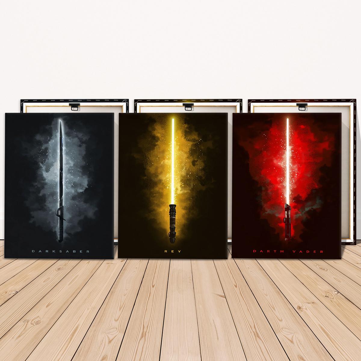 Wooden Framed Canvas Painting, 3 Counts/set Lightsaber Pattern Artistic Wall Art Poster, Home Decor Poster for Living Room Bedroom Office