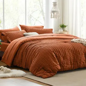 Seersucker Terracotta California King Comforter Set, 7 Pieces California King Bed in a Bag, All Season Bedding Sets with Comforter, Flat Sheet, Fitted Sheet, Pillowcase and Pillow Sham