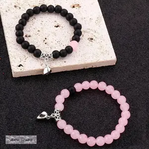 4pcs Set Black & White Heart Charm Bracelets, Handmade Stretchable Beaded Bracelets for Couples, Best Friends & Family, Elegant Matching Friendship Bracelet Set, Valentine's Day, Birthday & Gift Jewelry