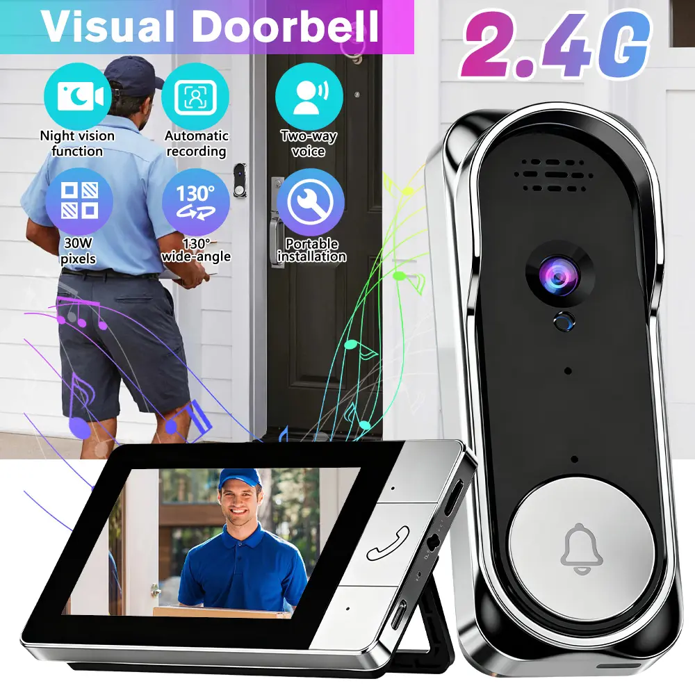 Wireless Video Door Bell Phone Intercom System with Monitor Doorbell Camera, Doorbell Camera with 4.3" Monitor, 1080P Smart Doorbell Intercom System, Two-Way Audio, Night Vision, Local Recording & Indoor Display