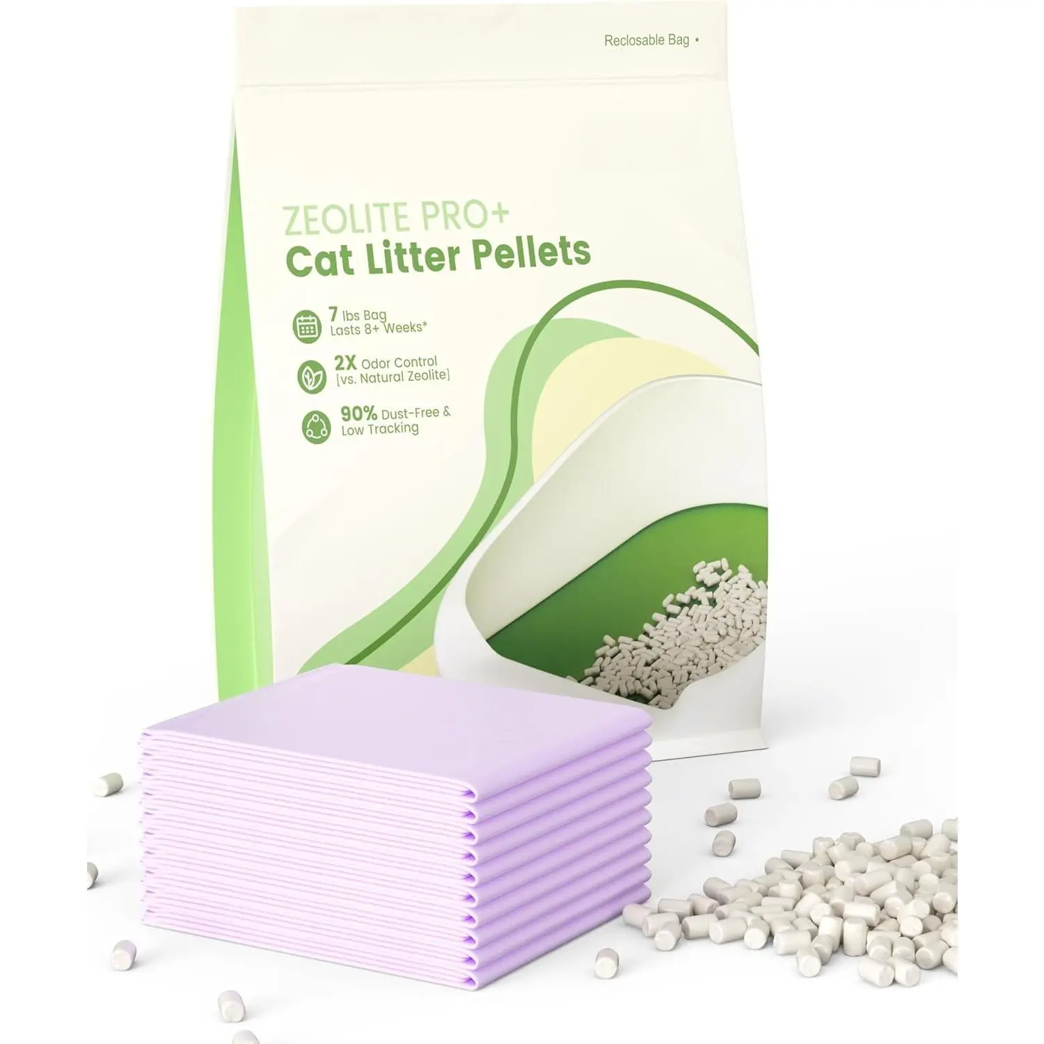 Zeolite  Litter Pellets 7lbs &  Pee Pads 10 Count - Refill for -Layer Litter Box Systems |  Stainless Steel Shifting Tray