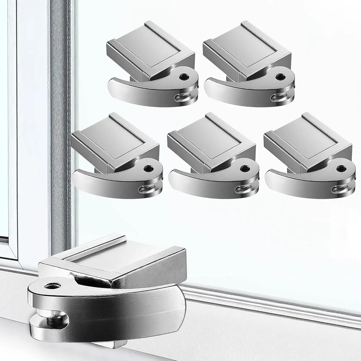 5 Pack Silver Sliding Window Locks, Adjustable Security for Vertical & Horizontal Windows, Easy Install, Fits 1/16 inch to 7/8 inch Wide Rail, Enhanced Safety for Home & Office