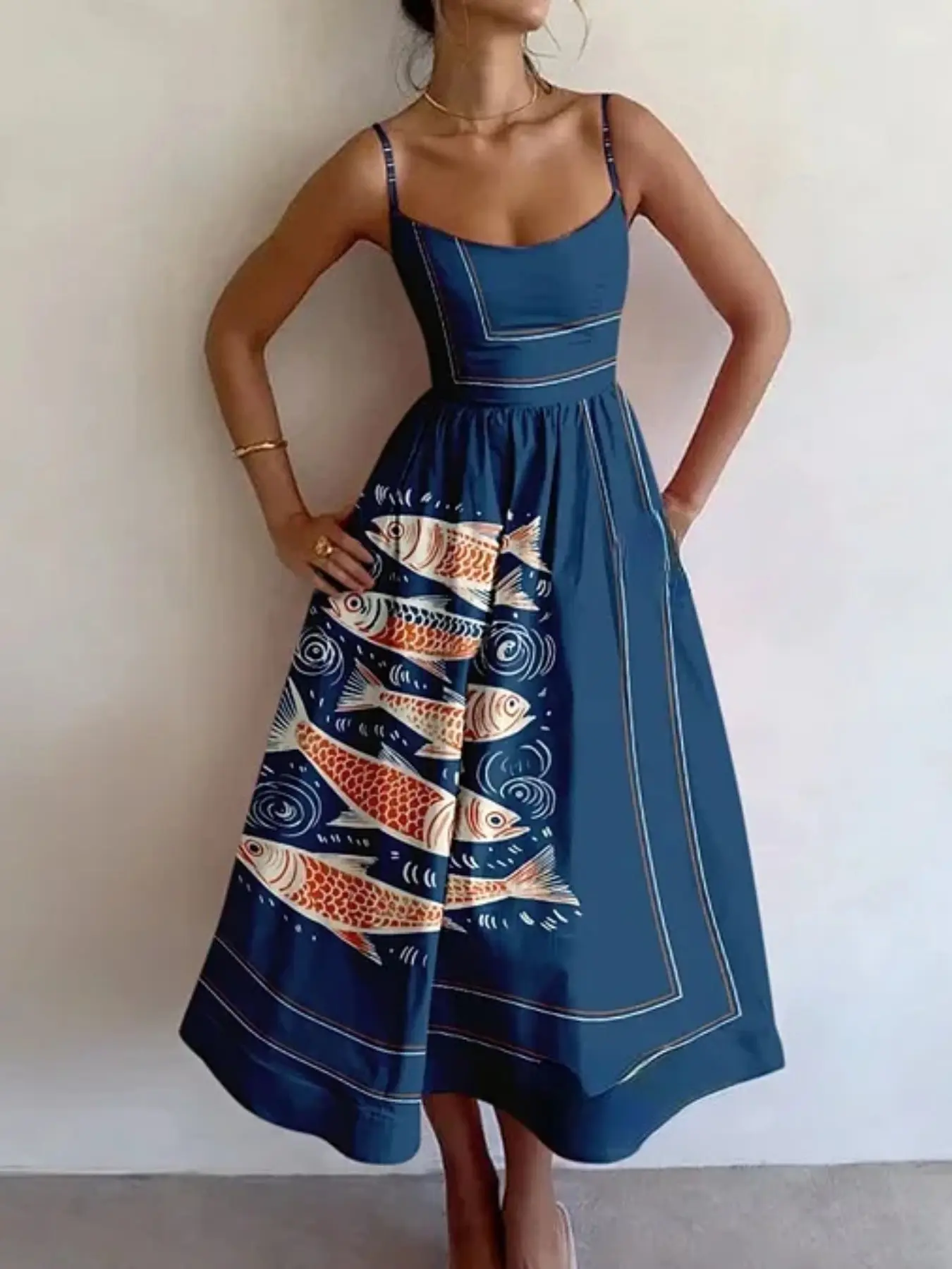 Blue Koi Print Dress for Women, Summer Sleeveless Waist Cinch Slimming Midi A-Line Dress, Vintage Style Flowy Umbrella Skirt, Casual Wear