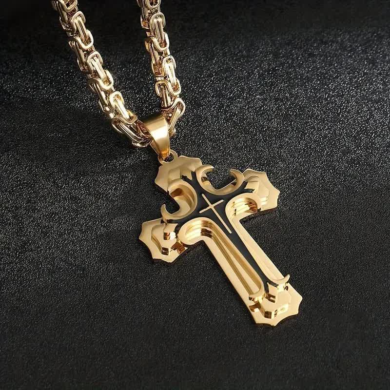 FLORIDECO Unisex Vintage Handmade Multi-layered Necklace Stainless Steel  Cross Pendant Jewelry for Youth Cuban Link Design Elegant