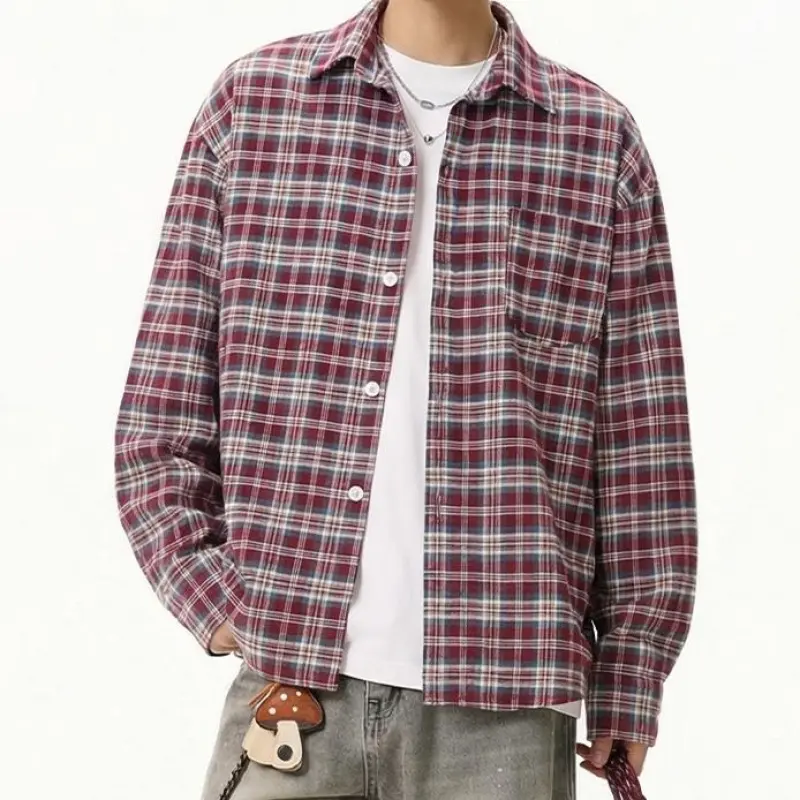 Men's Vintage Color Contrast Plaid Lapel Long Sleeve Shirt, Check Blouse With Single Chest Pocket, Casual Wrinkle Texture Outerwear, Wear Alone Or Layer For Spring Autumn Daily Commute, Street And Camping Outfits