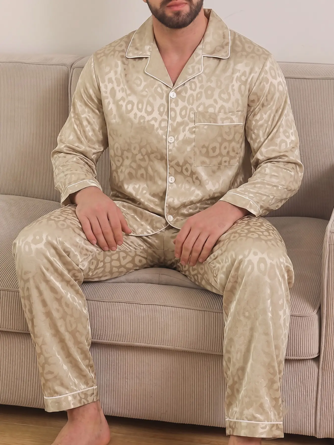 Men's Leopard Print Pajama Set, Short Sleeve Button Front Fitted Sleepwear, Casual Above Knee Home, All-Season Comfort