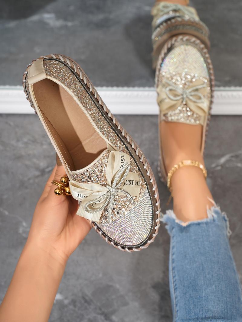 Women's Rhinestone Bow Decorated Slip on Loafers, Fashionable Glitter Design Loafers for Daily Wear, Casual Comfortable Shoes for Women & Girls