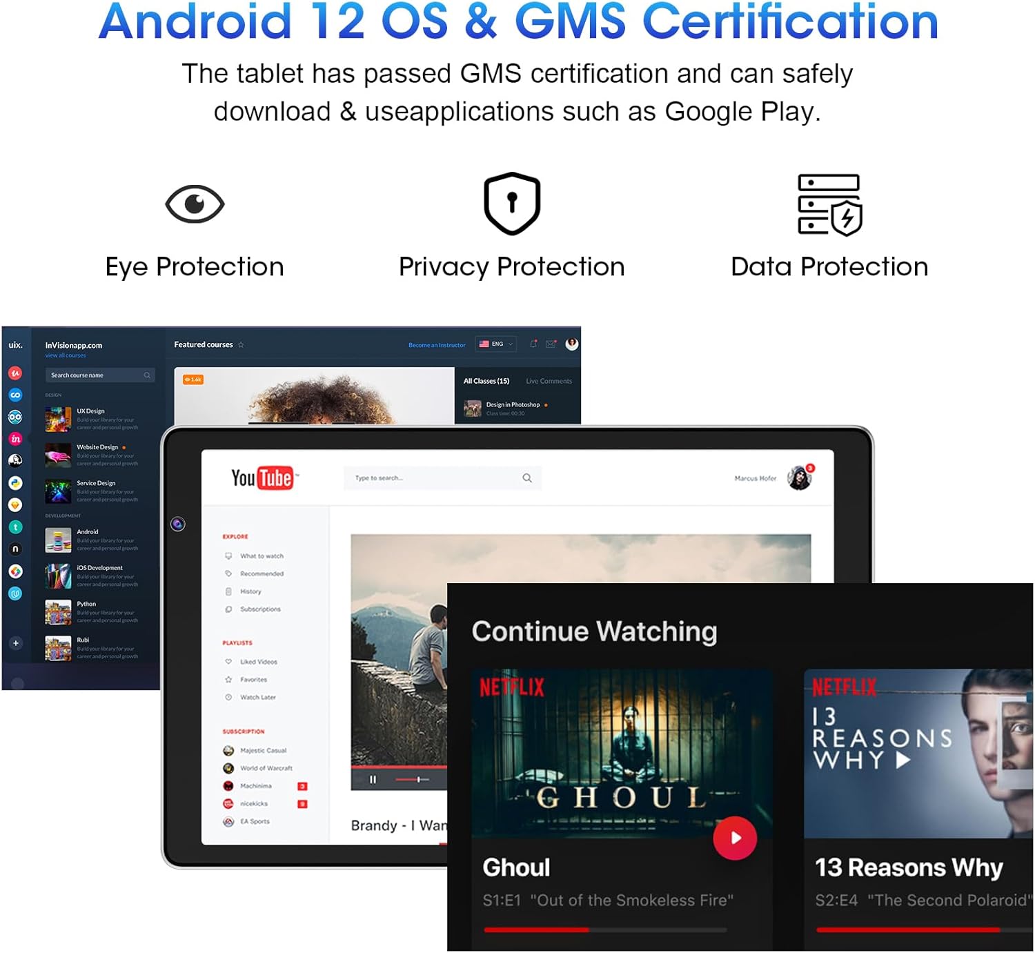 10.1 Inch Android 12 Tablet 32GB ROM 1TB Expandable Quad Core 6000mAh 1280x800 IPS Touch Screen 2+8MP Dual Camera Bluetooth WiFi Silver