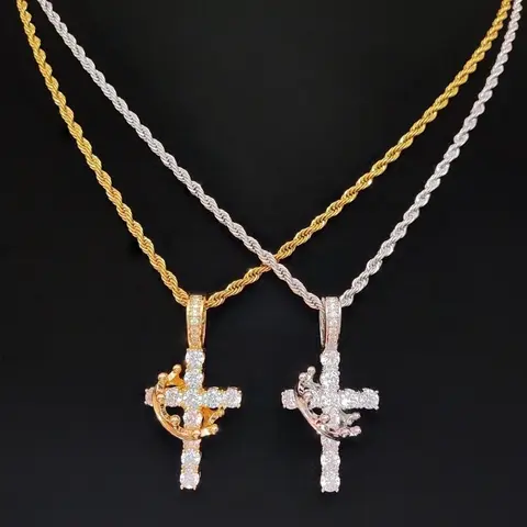 Artificial Zircon Cross Design Pendant with Adjustable Crown With Stainless Steel Twisted Chain, Men Women Hip Hop Punk Pendant Necklace Vintage Jewelry Suitable for daily or party wear, Statement Religious Necklace Faith Pendant Necklace