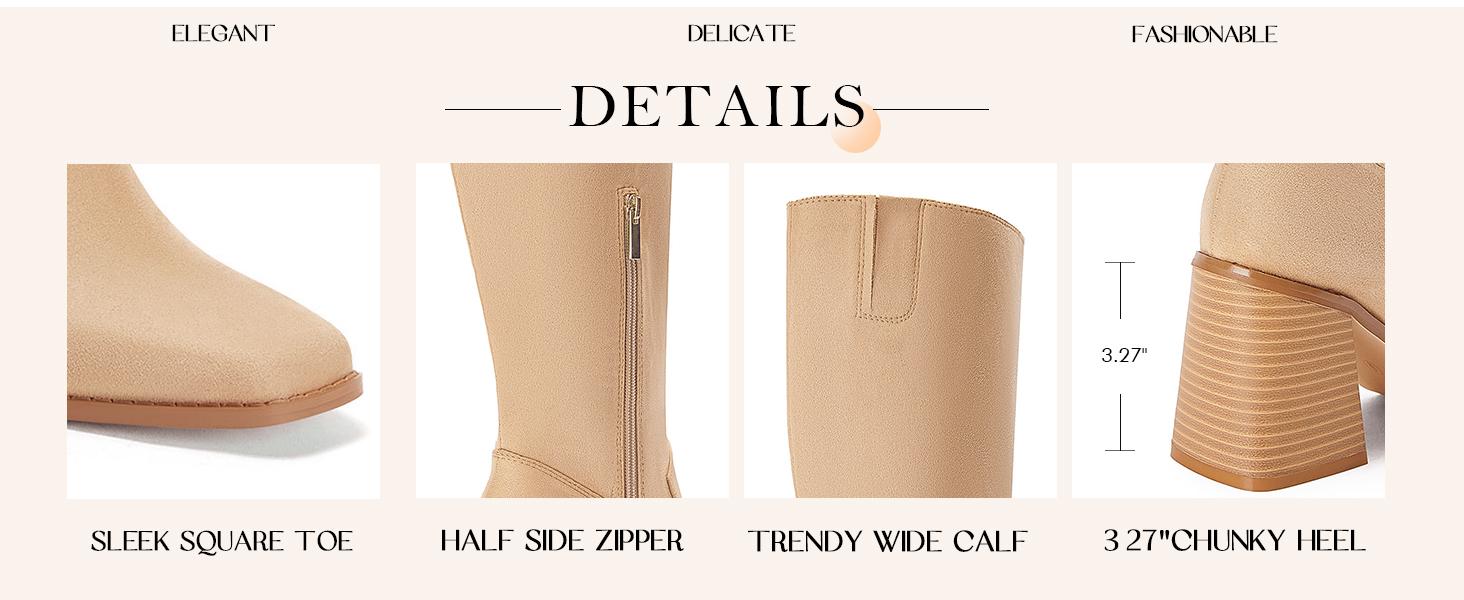 Coutgo Women's Knee High Boots Wide Calf Square Toe Chunky Heeled Pull-on Boot