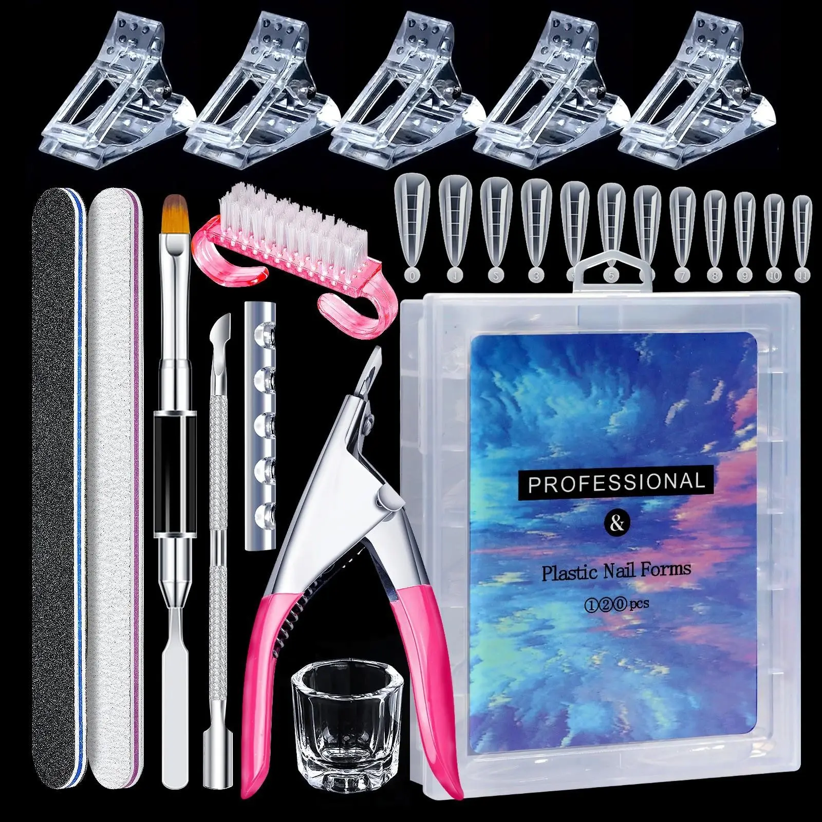 Professional Nail Extension Tool Kit, Plastic Nail Forms Set with Nail Tip Cutter, Nail Clips, Nail Files, Cuticle Pusher, Glass Dappen Dish, Cleaning Brush, Complete Manicure Tools for Acrylic Builder Gel DIY Nail Art