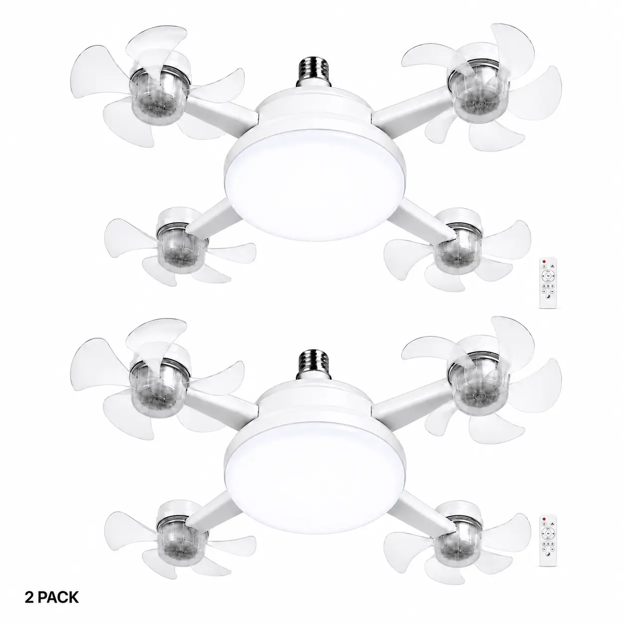 Socket Ceiling Fan with Light and Remote, 12000LM 4-Head Screw-In LED Fan Light Bulb, 3-Speed Dimmable Quiet Cooling Fan with Foldable Blades for Bedroom Kitchen Garage, E27 Base with B22 Adapter