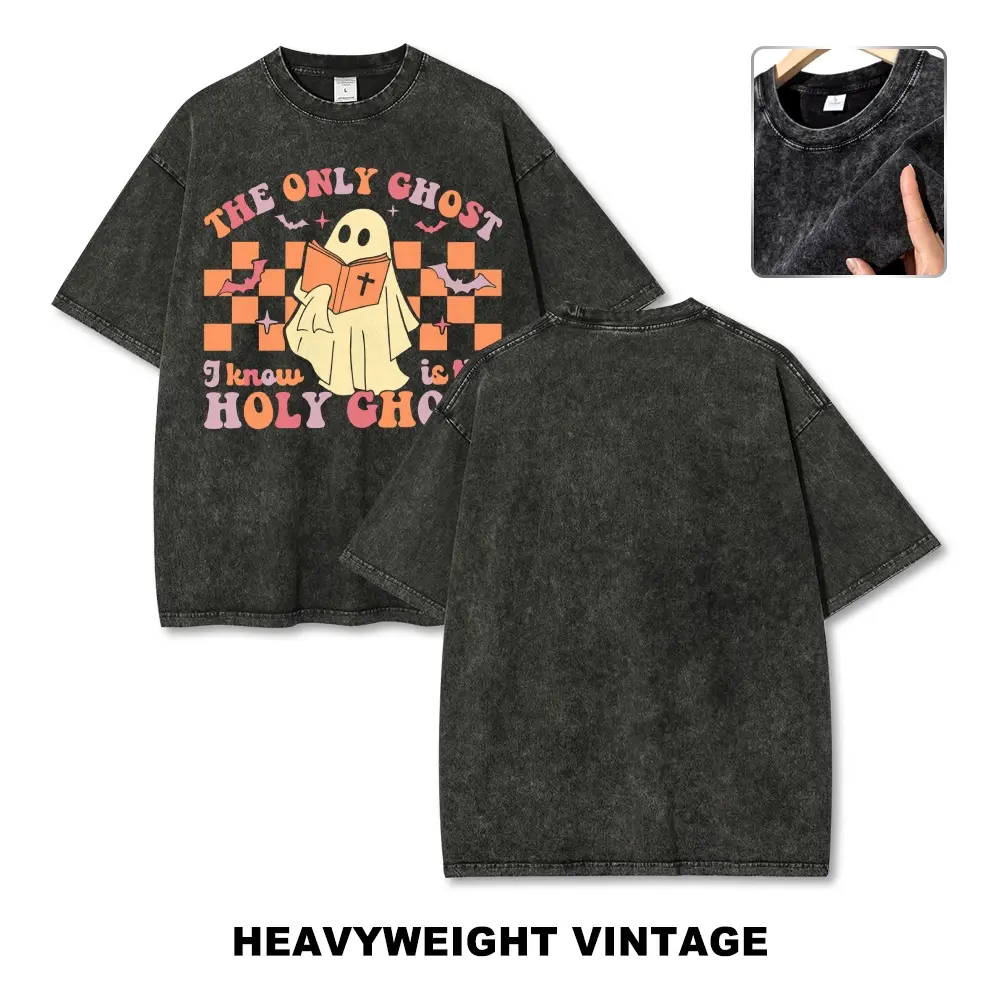 Men's Unisex Oversized Vintage Acid Wash 100% Cotton Heavyweight T-Shirt - Faith Graphic "The Only Ghost I Know Is The Holy Ghost" Print, Soft Fall Casual Party Menswear Top
