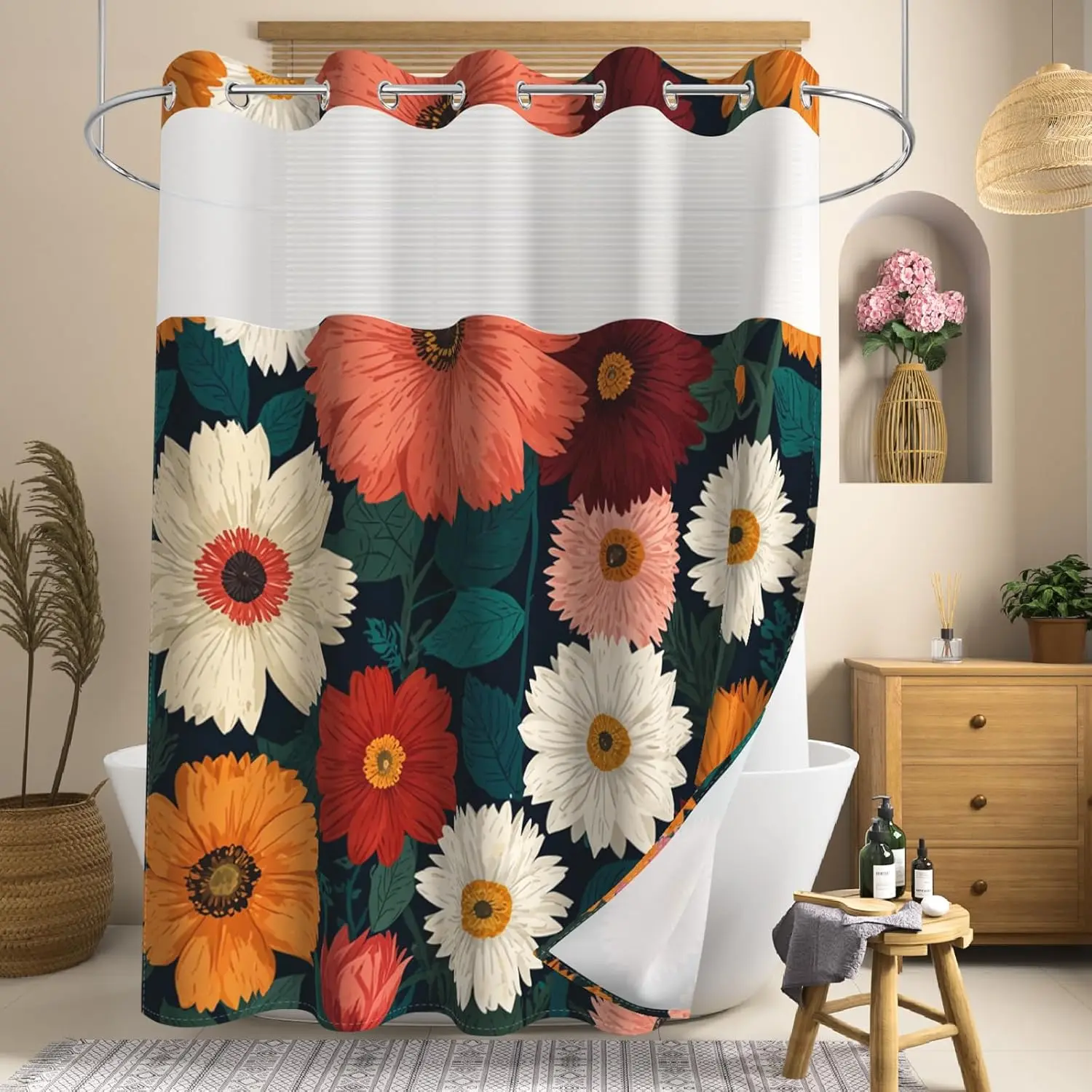 Hook-Free Waterproof Shower Curtains with Snap in Liner and Top Ventilation Window, Washable Shower with Weighted Bottom, Lush Pattern Boho Shower Curtains for, 71 x 74 Inches