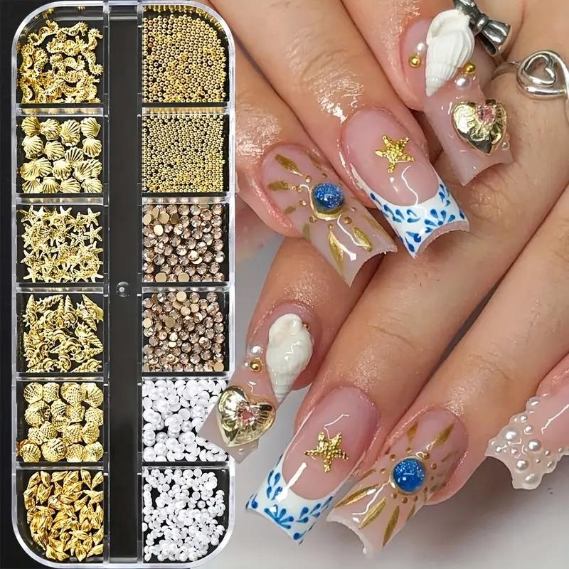 12 Grids 3D Ocean Nail Art Decorations, Mixed Sea Horse Starfish Conch Pearl Mini Caviar Beads Rhinestones, Seahorse Nail Art