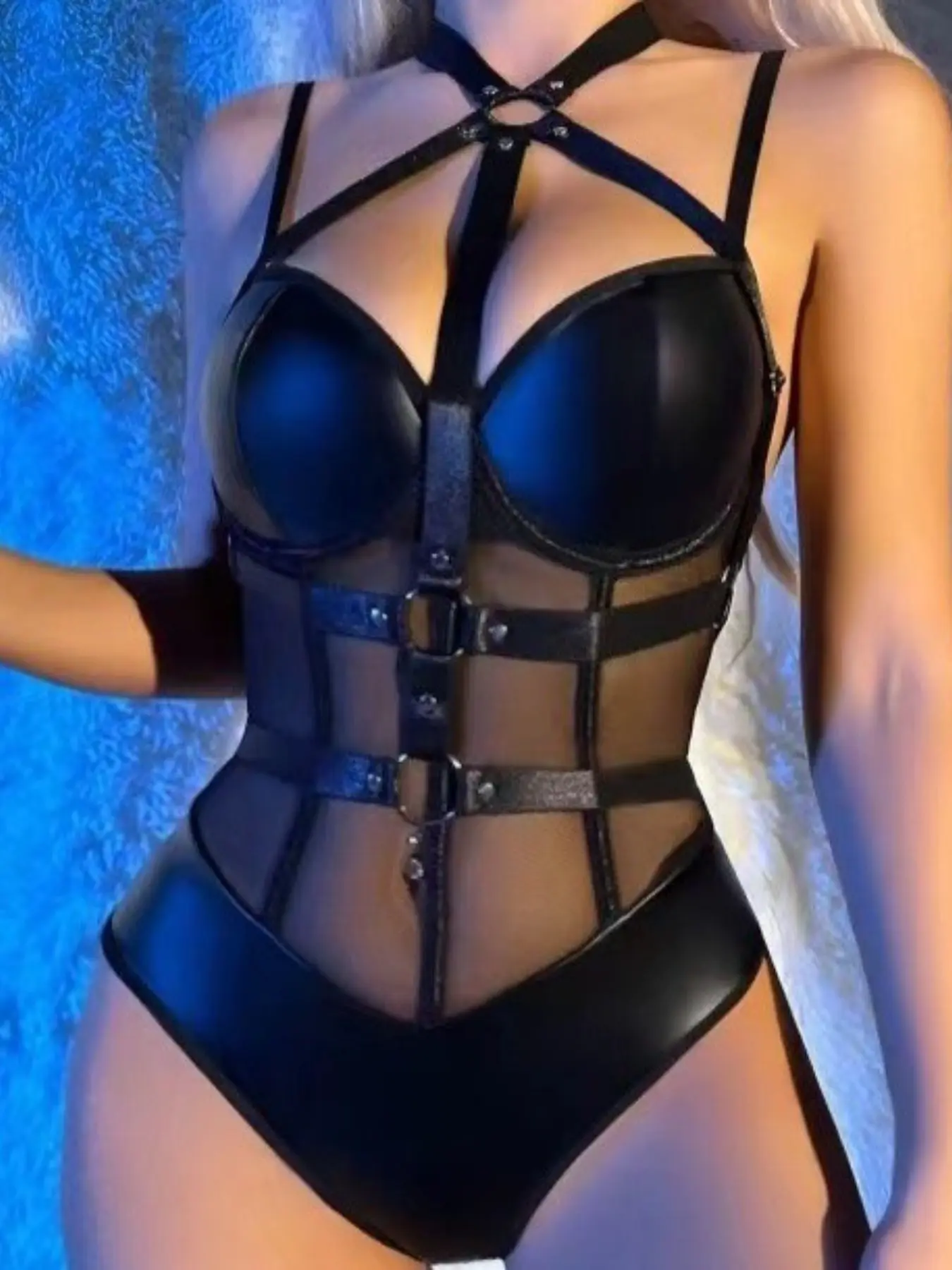 Sexy Mesh Bodycon Bodysuit for Women Faux Leather Cutout Waist Trainer Tummy Control Compression Shapewear Lingerie