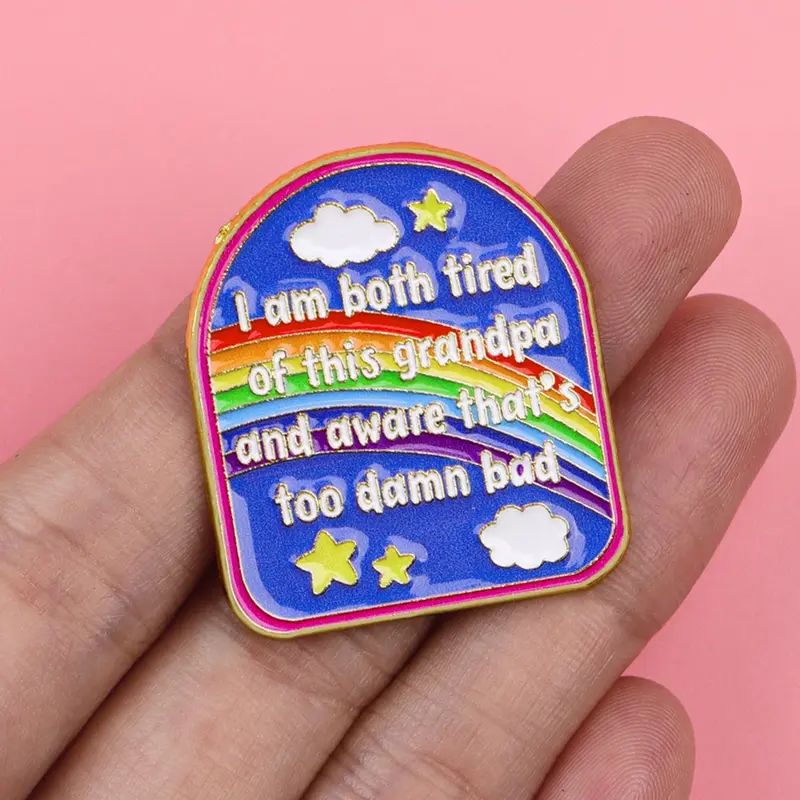"I am both tired of this grandpa and aware that's too damn bad" Funny Quote Enamel Pin, Alloy Brooch Pin, Rainbow Cloud Zinc Alloy Letter Badge, Perfect for Daily Use, Casual Style for All Seasons