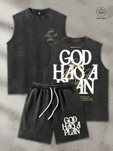 Men's 100% Cotton Two-Piece Set, Vintage Washed 'god Has His Own Plan' Print Tank Top & Drawstring Shorts, Casual Streetwear
