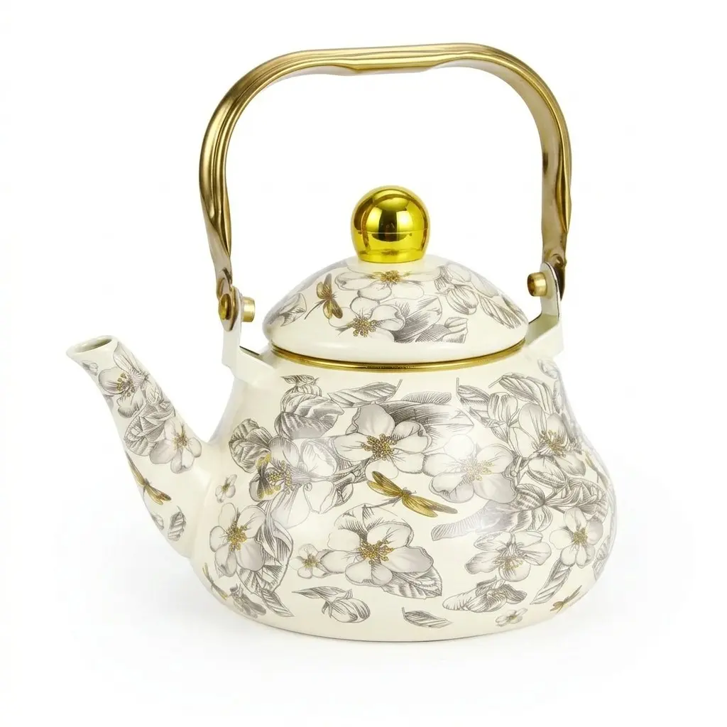 Vintage Dragonfly Flower Enamel Teapot, Stovetop Compatible, Thick Bottom, Handmade, Ideal for Tea House, Kitchen, Outdoor Afternoon Tea, Gift
