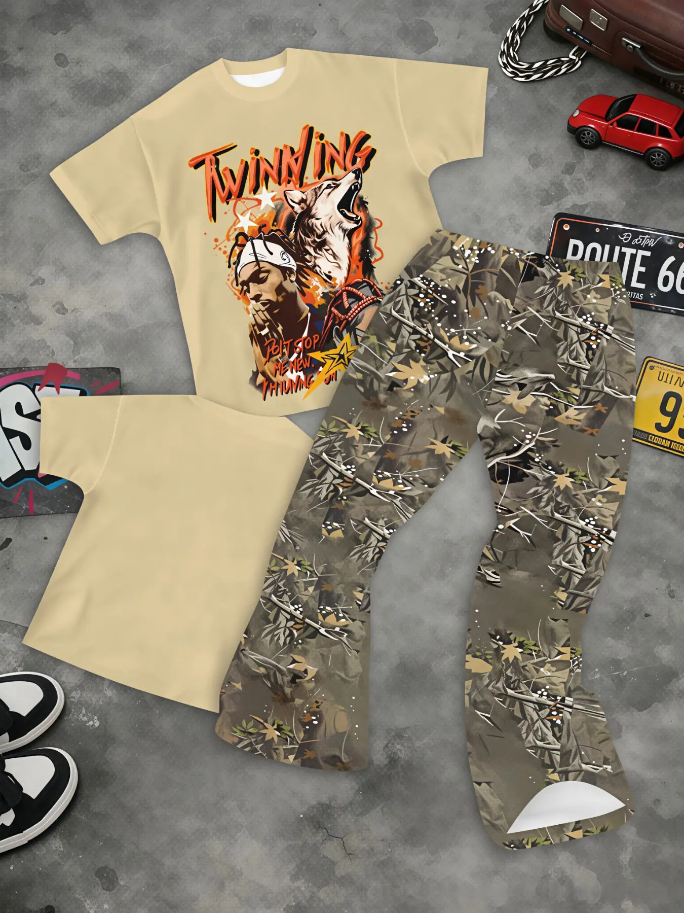 All Over Jungle Camo Wolf Graphic Wide Flare Pant Matching Outfit, Stretch Gentle Wearable City Streetwear Set, Great For Skate Park Forest Walk Summer Holiday Casual Look