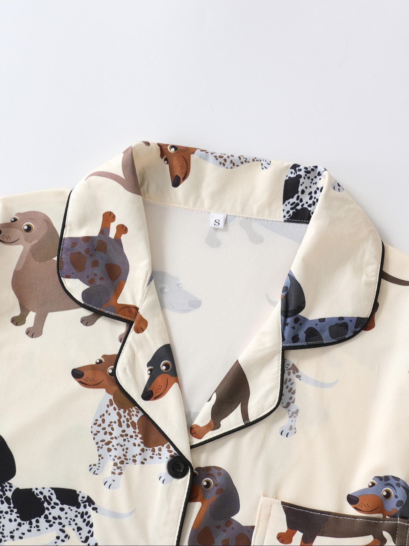 Women's Cartoon Dog Print Short Sleeve Matching Pajamas Two-piece Set, Casual Comfy Lapel Neck Button Design Pj Set for Daily Home Wear, Ladies Sleepwear for All Seasons, Loungewear,  Pastel Cute Pajamas, Breathable Stylish Pajama, Cute Pajama Sets