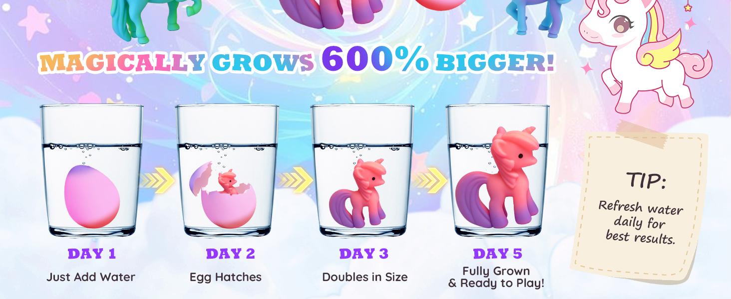 6 hatching and growing Unicorn eggs with 6 Unicorn, water-activated expansion toys, safe and fun magical transformation experience, perfect for Easter and birthday gifts.