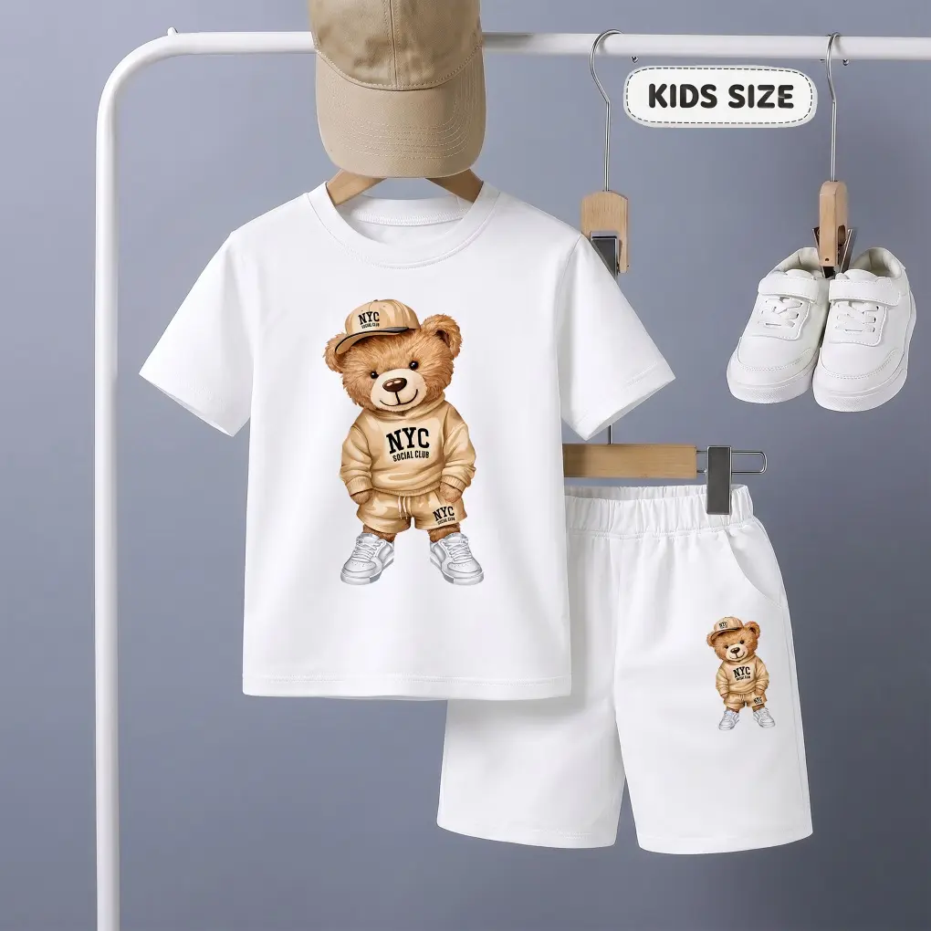 Boys' NYC Bear Print T-Shirt and Shorts Set, Casual 2-Piece Summer Outfit, Breathable Clothes with Elastic Waist for Outdoor Play, Comfortable, Loose-Fitting, 6-7Y(130), 8-9Y(140), Basic, Kids Size